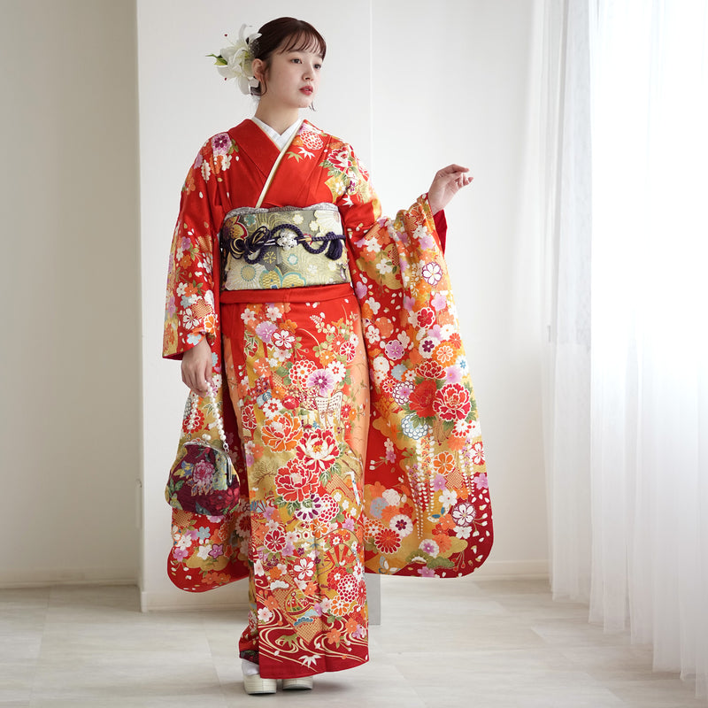 【レンタル】振袖 着物セット 正絹着物+正絹袋帯 成人式  晴れ着 記念撮影 往復送料無料 絵羽 オレンジに御所車と花（1000604000）