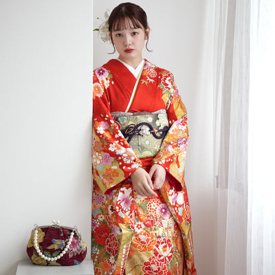【レンタル】振袖 着物セット 正絹着物+正絹袋帯 成人式  晴れ着 記念撮影 往復送料無料 絵羽 オレンジに御所車と花（1000604000）