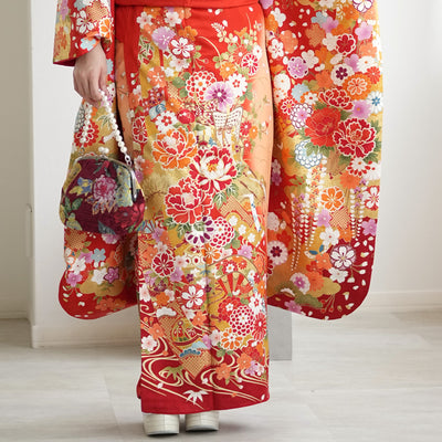 【レンタル】振袖 着物セット 正絹着物+正絹袋帯 成人式  晴れ着 記念撮影 往復送料無料 絵羽 オレンジに御所車と花（1000604000）