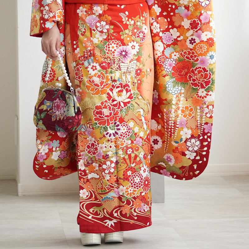 【レンタル】振袖 着物セット 正絹着物+正絹袋帯 成人式  晴れ着 記念撮影 往復送料無料 絵羽 オレンジに御所車と花（1000604000）