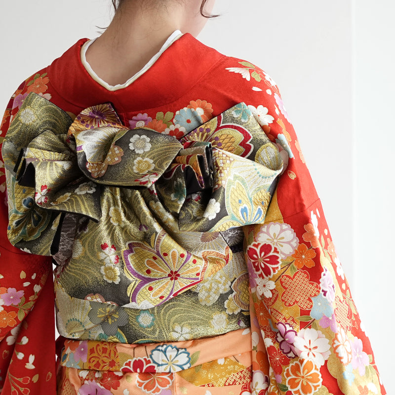 【レンタル】振袖 着物セット 正絹着物+正絹袋帯 成人式  晴れ着 記念撮影 往復送料無料 絵羽 オレンジに御所車と花（1000604000）