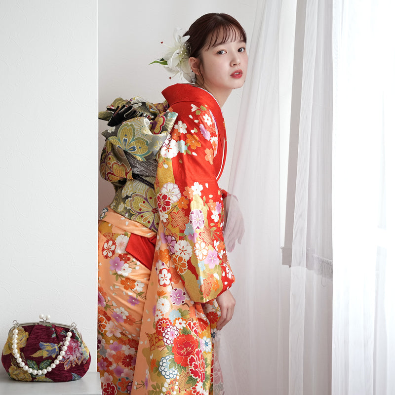 【レンタル】振袖 着物セット 正絹着物+正絹袋帯 成人式  晴れ着 記念撮影 往復送料無料 絵羽 オレンジに御所車と花（1000604000）