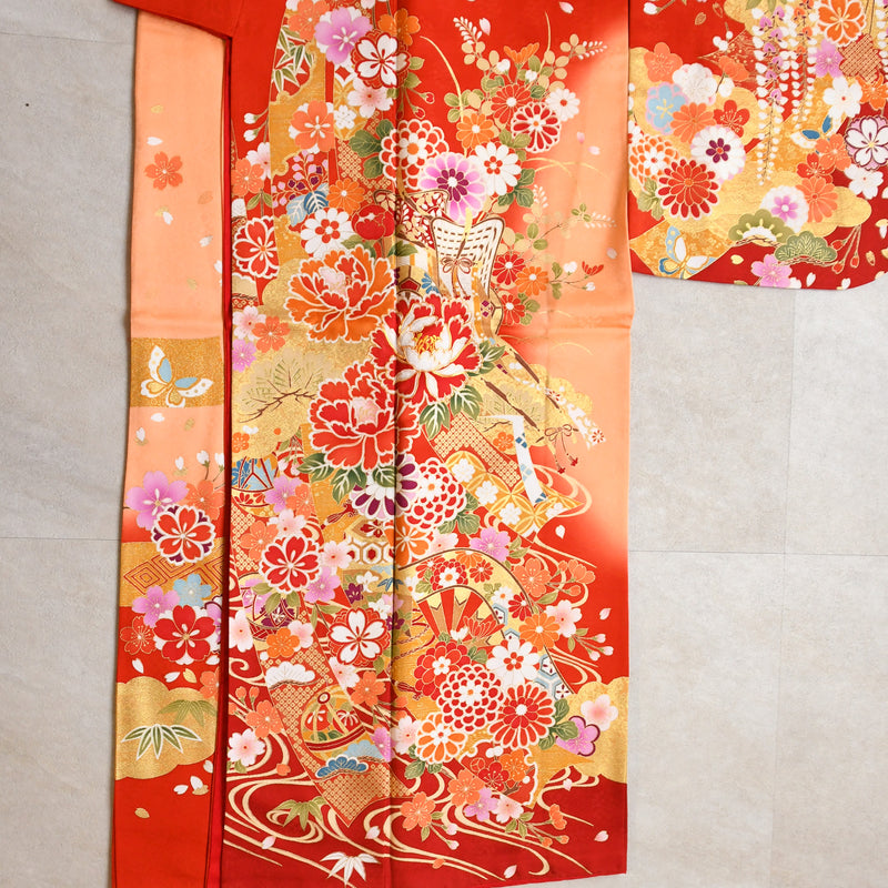 【レンタル】振袖 着物セット 正絹着物+正絹袋帯 成人式  晴れ着 記念撮影 往復送料無料 絵羽 オレンジに御所車と花（1000604000）