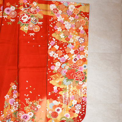 【レンタル】振袖 着物セット 正絹着物+正絹袋帯 成人式  晴れ着 記念撮影 往復送料無料 絵羽 オレンジに御所車と花（1000604000）