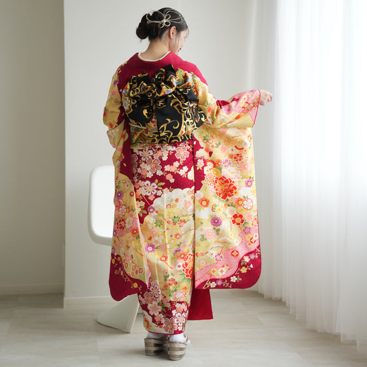 成人式着物セット レンタル】振袖 着物セット 正絹着物+正絹袋帯 成人式 晴れ着