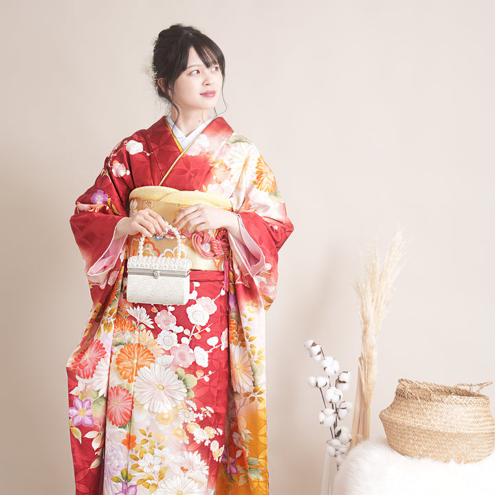 レンタル】振袖 着物セット 正絹着物+正絹袋帯 成人式 晴れ着