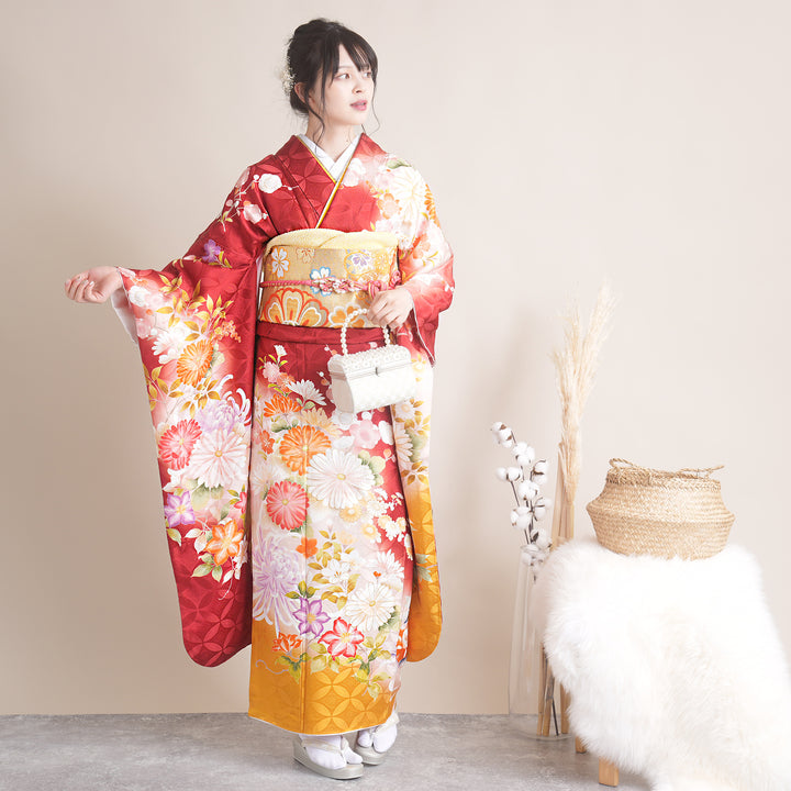 レンタル】振袖 着物セット 正絹着物+正絹袋帯 成人式 晴れ着