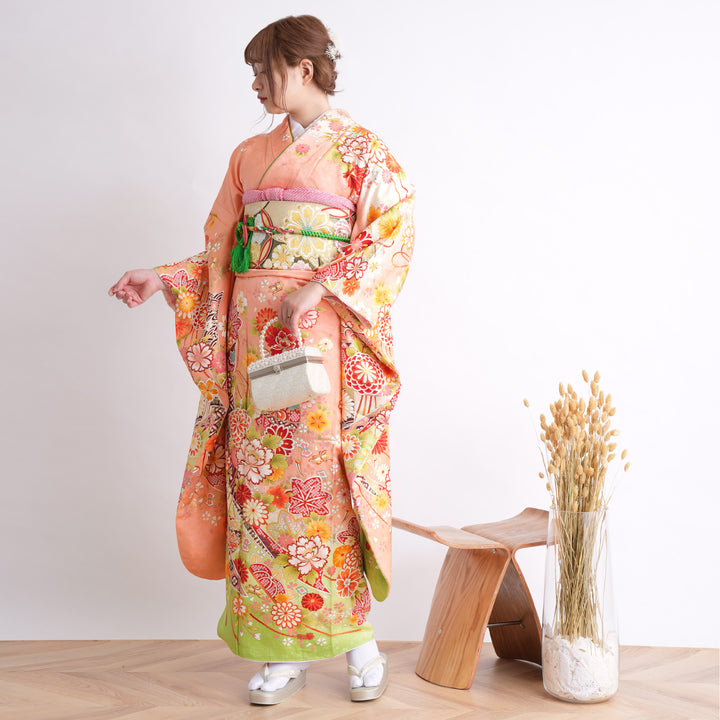 N-854◇振袖４点セット 着物 正絹 成人式 推し色 無地 帯 帯揚げ 帯締め N-854◇振袖4点セット 着物 正絹 成人式 推し色 無地 帯 帯揚げ