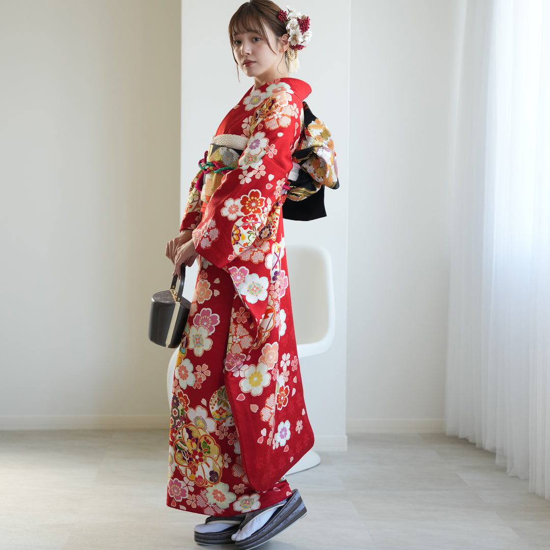 KP1530 振袖 身丈162cm 正絹 着物 成人式 レンタル】振袖 着物セット 正絹着物+正絹袋帯 成人式 晴れ着