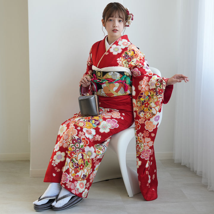 振袖　フルセット　オーダー　着物　成人式　正絹　袋帯　可愛い レンタル】振袖 着物セット 正絹着物+袋帯 成人式 晴れ着 往復