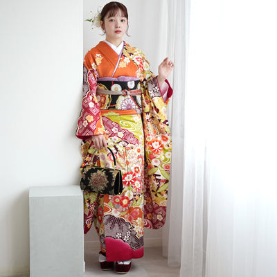 【レンタル】振袖 着物セット 正絹着物+正絹袋帯 成人式  晴れ着 記念撮影 往復送料無料 絵羽 オレンジに豪華花花（1000604900）