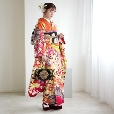 【レンタル】振袖 着物セット 正絹着物+正絹袋帯 成人式  晴れ着 記念撮影 往復送料無料 絵羽 オレンジに豪華花花（1000604900）