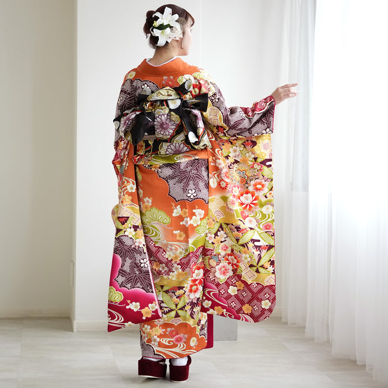 【レンタル】振袖 着物セット 正絹着物+正絹袋帯 成人式  晴れ着 記念撮影 往復送料無料 絵羽 オレンジに豪華花花（1000604900）