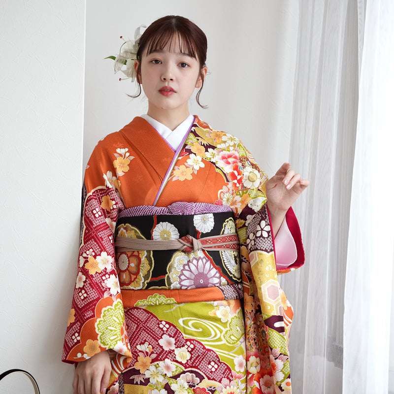 【レンタル】振袖 着物セット 正絹着物+正絹袋帯 成人式  晴れ着 記念撮影 往復送料無料 絵羽 オレンジに豪華花花（1000604900）