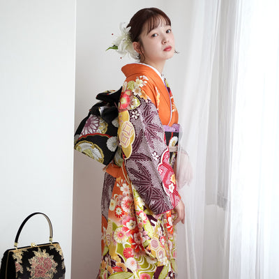 【レンタル】振袖 着物セット 正絹着物+正絹袋帯 成人式  晴れ着 記念撮影 往復送料無料 絵羽 オレンジに豪華花花（1000604900）