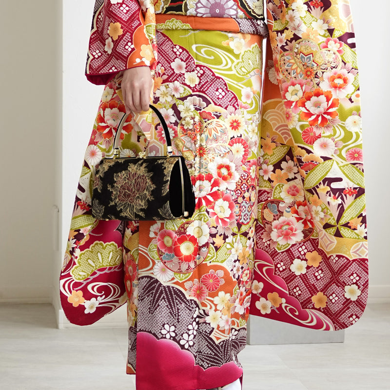 【レンタル】振袖 着物セット 正絹着物+正絹袋帯 成人式  晴れ着 記念撮影 往復送料無料 絵羽 オレンジに豪華花花（1000604900）