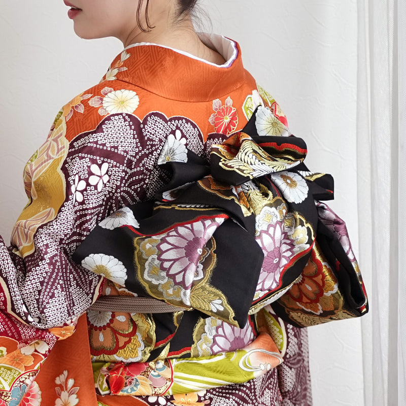 【レンタル】振袖 着物セット 正絹着物+正絹袋帯 成人式  晴れ着 記念撮影 往復送料無料 絵羽 オレンジに豪華花花（1000604900）