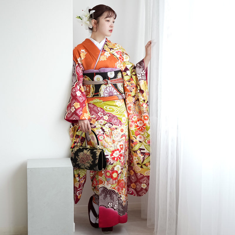 【レンタル】振袖 着物セット 正絹着物+正絹袋帯 成人式  晴れ着 記念撮影 往復送料無料 絵羽 オレンジに豪華花花（1000604900）