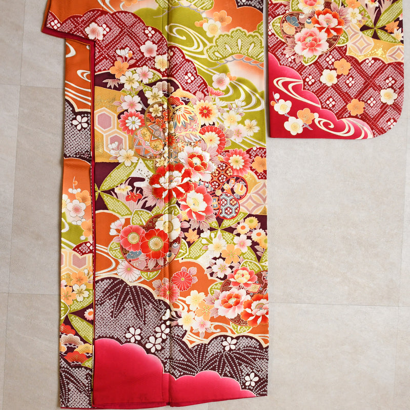 【レンタル】振袖 着物セット 正絹着物+正絹袋帯 成人式  晴れ着 記念撮影 往復送料無料 絵羽 オレンジに豪華花花（1000604900）