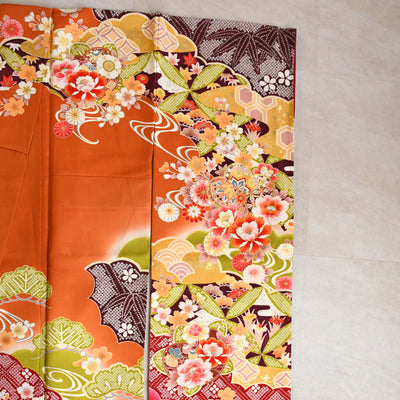 【レンタル】振袖 着物セット 正絹着物+正絹袋帯 成人式  晴れ着 記念撮影 往復送料無料 絵羽 オレンジに豪華花花（1000604900）