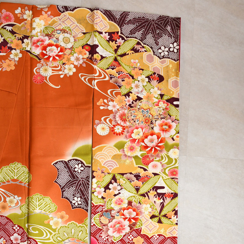 【レンタル】振袖 着物セット 正絹着物+正絹袋帯 成人式  晴れ着 記念撮影 往復送料無料 絵羽 オレンジに豪華花花（1000604900）
