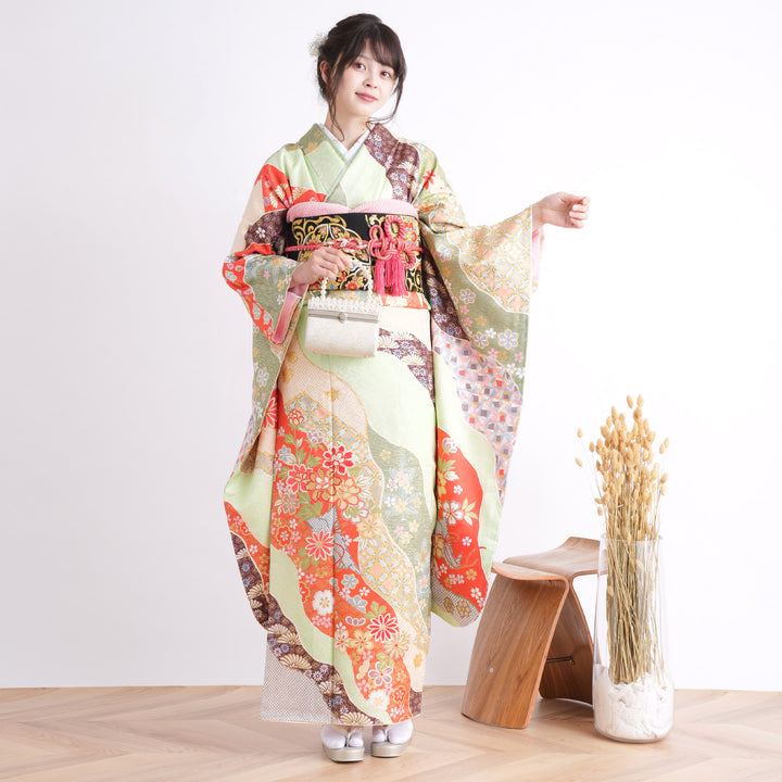 レンタル】振袖 着物セット 正絹着物+正絹袋帯 成人式 晴れ着