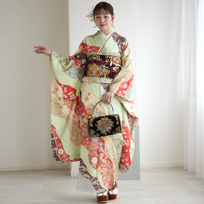 【レンタル】振袖 着物セット 正絹着物+正絹袋帯 成人式  晴れ着 記念撮影 往復送料無料 絵羽 グリーンとオレンジの古典柄（1000605000）