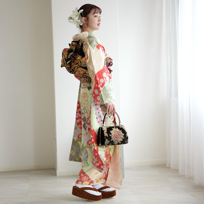 【レンタル】振袖 着物セット 正絹着物+正絹袋帯 成人式  晴れ着 記念撮影 往復送料無料 絵羽 グリーンとオレンジの古典柄（1000605000）