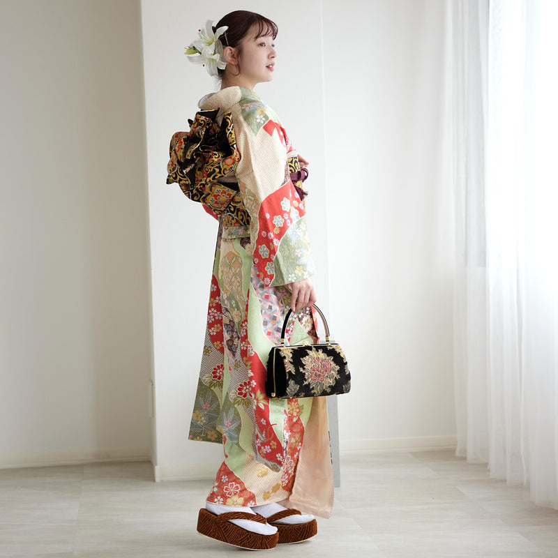 【レンタル】振袖 着物セット 正絹着物+正絹袋帯 成人式  晴れ着 記念撮影 往復送料無料 絵羽 グリーンとオレンジの古典柄（1000605000）