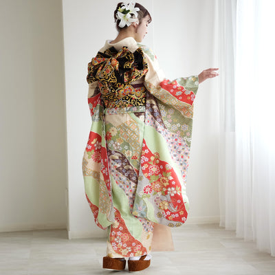 【レンタル】振袖 着物セット 正絹着物+正絹袋帯 成人式  晴れ着 記念撮影 往復送料無料 絵羽 グリーンとオレンジの古典柄（1000605000）