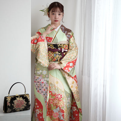 【レンタル】振袖 着物セット 正絹着物+正絹袋帯 成人式  晴れ着 記念撮影 往復送料無料 絵羽 グリーンとオレンジの古典柄（1000605000）
