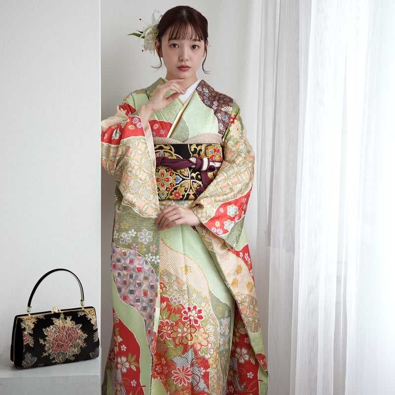 【レンタル】振袖 着物セット 正絹着物+正絹袋帯 成人式  晴れ着 記念撮影 往復送料無料 絵羽 グリーンとオレンジの古典柄（1000605000）