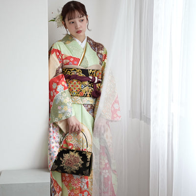 【レンタル】振袖 着物セット 正絹着物+正絹袋帯 成人式  晴れ着 記念撮影 往復送料無料 絵羽 グリーンとオレンジの古典柄（1000605000）
