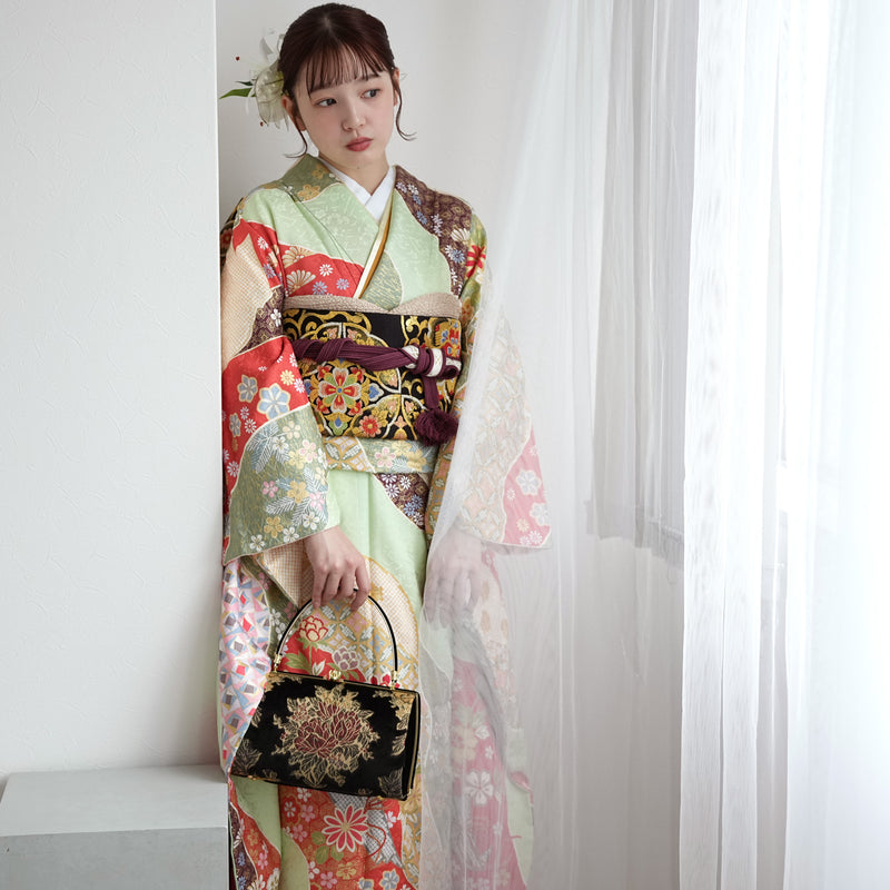 【レンタル】振袖 着物セット 正絹着物+正絹袋帯 成人式  晴れ着 記念撮影 往復送料無料 絵羽 グリーンとオレンジの古典柄（1000605000）
