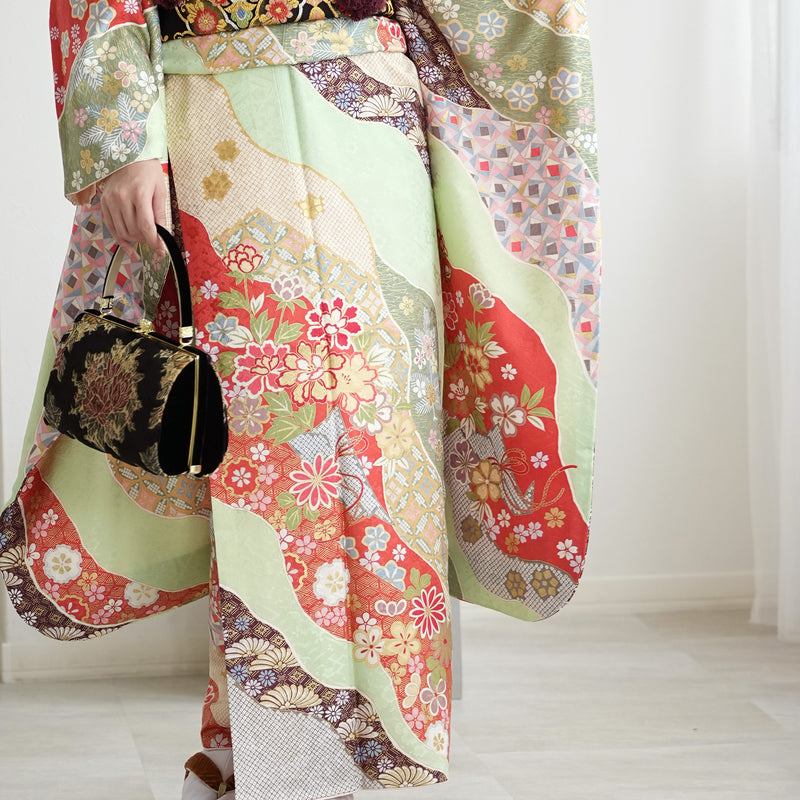【レンタル】振袖 着物セット 正絹着物+正絹袋帯 成人式  晴れ着 記念撮影 往復送料無料 絵羽 グリーンとオレンジの古典柄（1000605000）