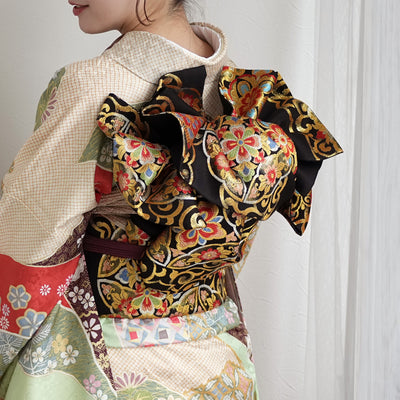 【レンタル】振袖 着物セット 正絹着物+正絹袋帯 成人式  晴れ着 記念撮影 往復送料無料 絵羽 グリーンとオレンジの古典柄（1000605000）