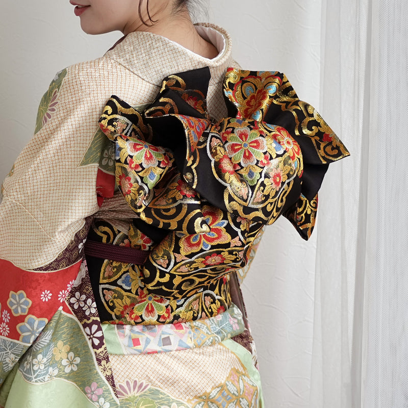 【レンタル】振袖 着物セット 正絹着物+正絹袋帯 成人式  晴れ着 記念撮影 往復送料無料 絵羽 グリーンとオレンジの古典柄（1000605000）