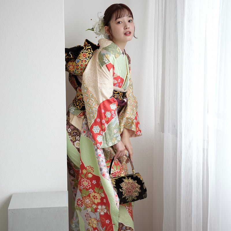 【レンタル】振袖 着物セット 正絹着物+正絹袋帯 成人式  晴れ着 記念撮影 往復送料無料 絵羽 グリーンとオレンジの古典柄（1000605000）