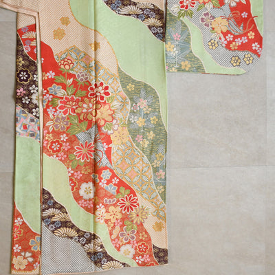 【レンタル】振袖 着物セット 正絹着物+正絹袋帯 成人式  晴れ着 記念撮影 往復送料無料 絵羽 グリーンとオレンジの古典柄（1000605000）