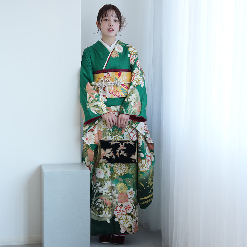 【レンタル】振袖 着物セット 正絹着物+正絹袋帯 成人式  晴れ着 記念撮影 往復送料無料 グリーンのアンティーク花（1000605200）