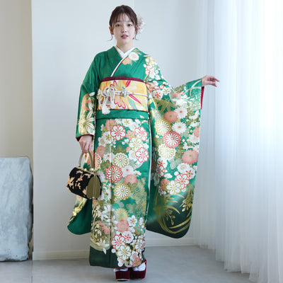 【レンタル】振袖 着物セット 正絹着物+正絹袋帯 成人式  晴れ着 記念撮影 往復送料無料 グリーンのアンティーク花（1000605200）