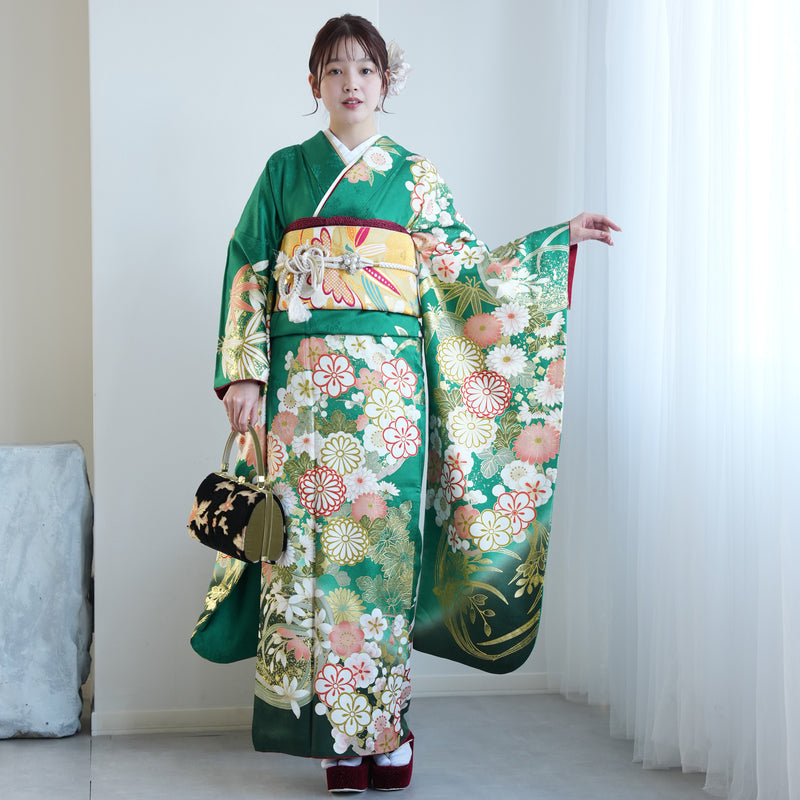 【レンタル】振袖 着物セット 正絹着物+正絹袋帯 成人式  晴れ着 記念撮影 往復送料無料 グリーンのアンティーク花（1000605200）
