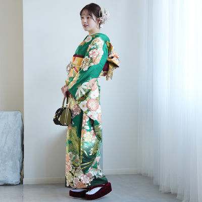 【レンタル】振袖 着物セット 正絹着物+正絹袋帯 成人式  晴れ着 記念撮影 往復送料無料 グリーンのアンティーク花（1000605200）