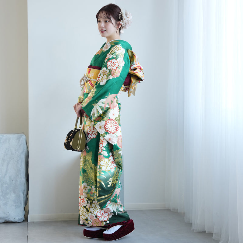 【レンタル】振袖 着物セット 正絹着物+正絹袋帯 成人式  晴れ着 記念撮影 往復送料無料 グリーンのアンティーク花（1000605200）