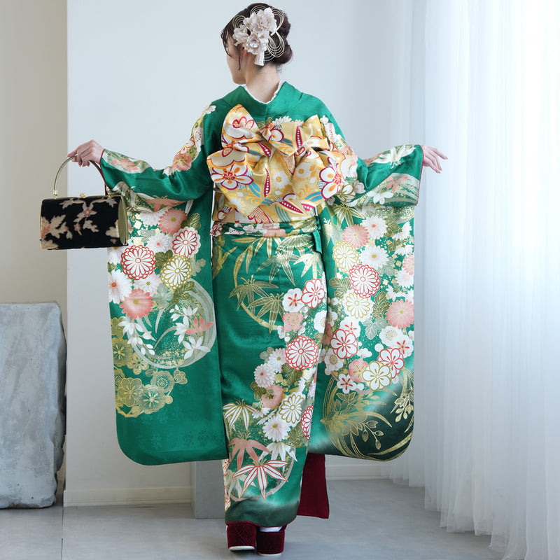 【レンタル】振袖 着物セット 正絹着物+正絹袋帯 成人式  晴れ着 記念撮影 往復送料無料 グリーンのアンティーク花（1000605200）