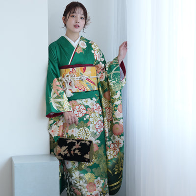【レンタル】振袖 着物セット 正絹着物+正絹袋帯 成人式  晴れ着 記念撮影 往復送料無料 グリーンのアンティーク花（1000605200）