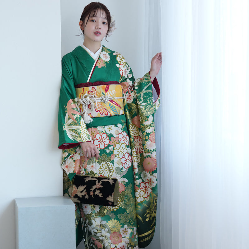 【レンタル】振袖 着物セット 正絹着物+正絹袋帯 成人式  晴れ着 記念撮影 往復送料無料 グリーンのアンティーク花（1000605200）