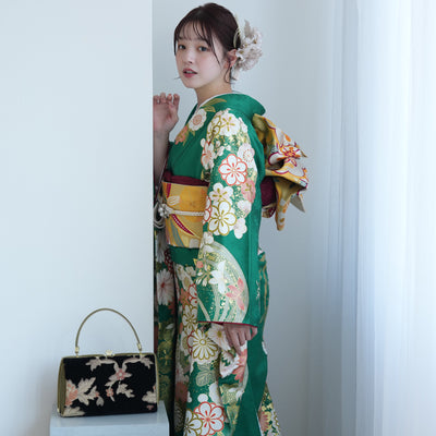 【レンタル】振袖 着物セット 正絹着物+正絹袋帯 成人式  晴れ着 記念撮影 往復送料無料 グリーンのアンティーク花（1000605200）
