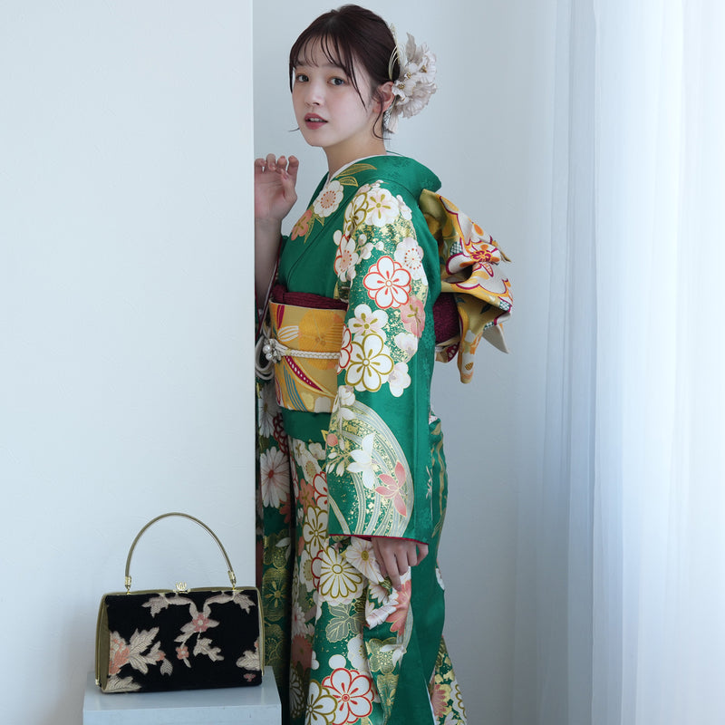 【レンタル】振袖 着物セット 正絹着物+正絹袋帯 成人式  晴れ着 記念撮影 往復送料無料 グリーンのアンティーク花（1000605200）