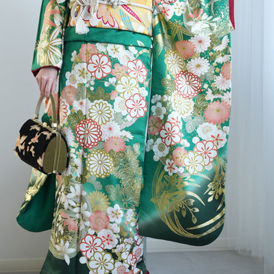 【レンタル】振袖 着物セット 正絹着物+正絹袋帯 成人式  晴れ着 記念撮影 往復送料無料 グリーンのアンティーク花（1000605200）